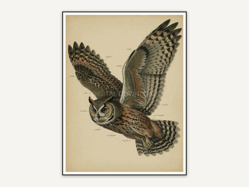 vintage owl in flight print