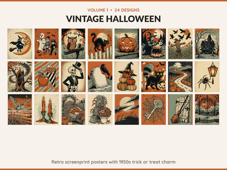 Volume 1 Vintage Halloween: 24 printable Halloween art designs, retro screenprint posters with 1950s trick or treat charm