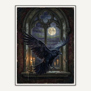 Raven against moonlit arched window in old manor
