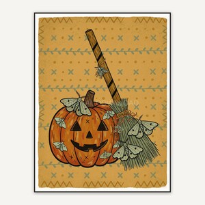 Pumpkin broom and moth folk print