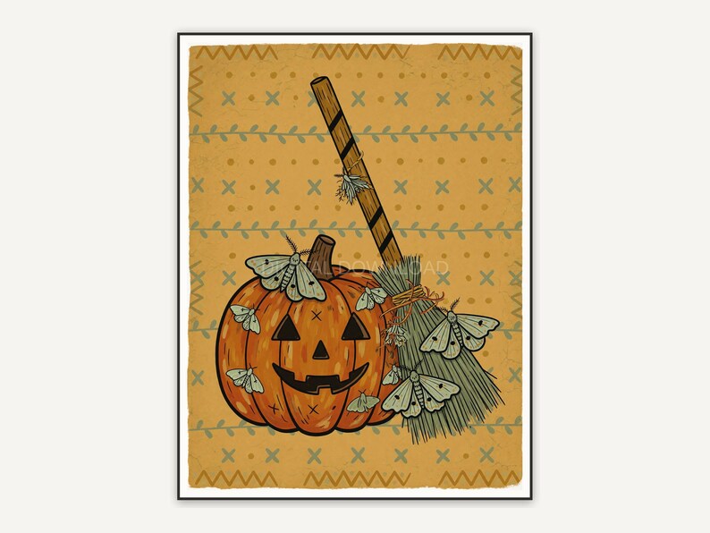 Pumpkin broom and moth folk print