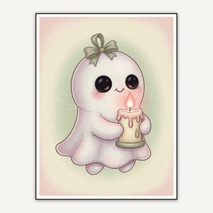 Cute ghost holding candle with sage and pink palette