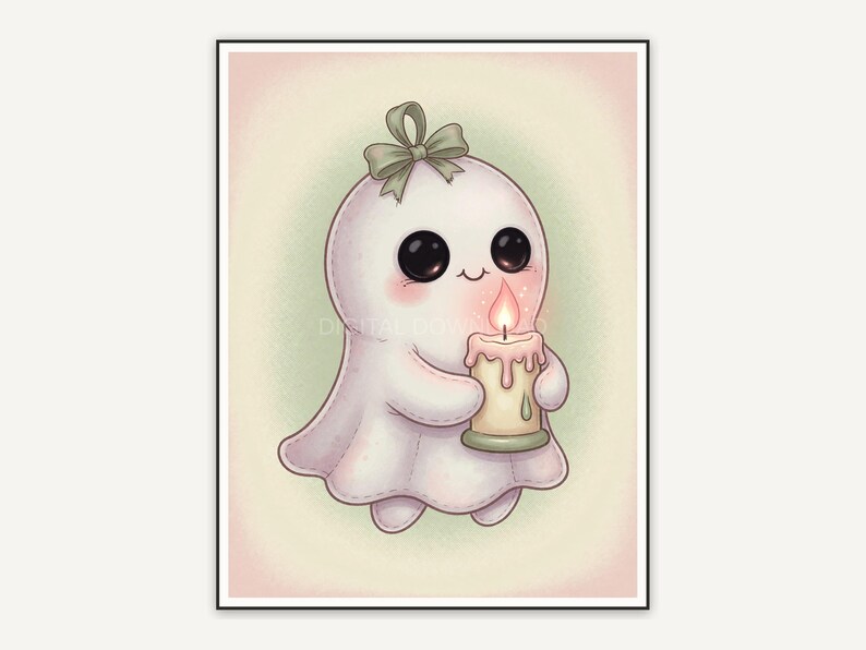 Cute ghost holding candle with sage and pink palette