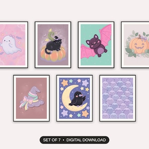 Set of 7 creepy cute halloween prints printable prints shown as a gallery wall