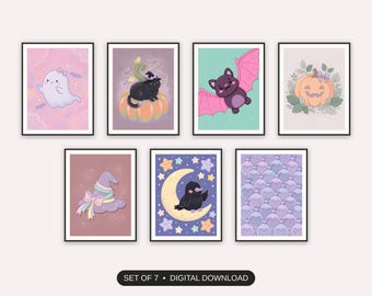 Halloween Png, Set Of 7 Prints, Creepy Cute Ghost Art, Pastel Nursery Decor, Gentle Spooky Season Wall Art, Digital Download