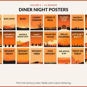 Volume 5 Diner Night Posters: 24 printable Halloween art designs, flat mid century color fields with cream lettering