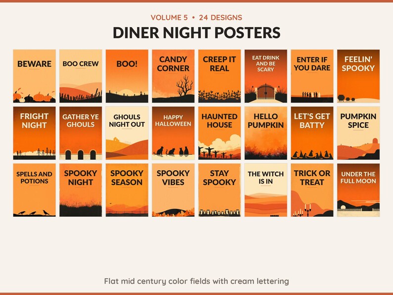 Volume 5 Diner Night Posters: 24 printable Halloween art designs, flat mid century color fields with cream lettering