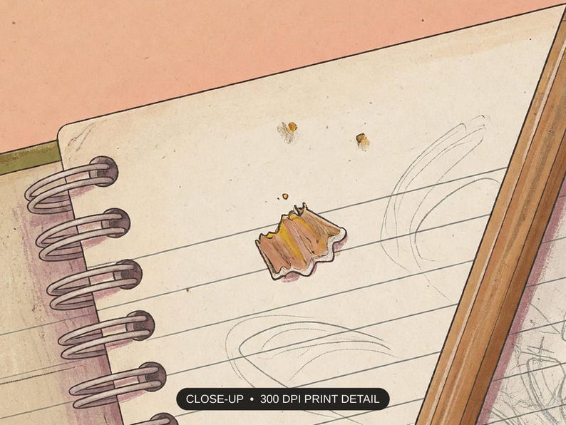Close-up print detail of the vintage classroom objects artwork at 300 DPI