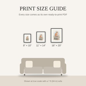 Print size guide showing 8x10, 11x14, and 16x20 framed prints at true scale beside a sofa