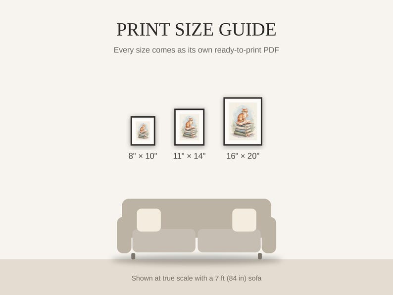 Print size guide showing 8x10, 11x14, and 16x20 framed prints at true scale beside a sofa