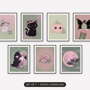 Set of 7 witchy wall decor printable prints shown as a gallery wall