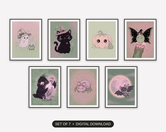 Witchy Wall Decor, Set Of 7 Prints, Creepy Cute Pastel Ghost Cat Art, Nursery Entryway Gallery Wall, Gentle Spooky Season Decor