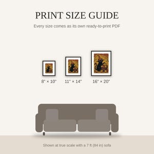 Print size guide showing 8x10, 11x14, and 16x20 framed prints at true scale beside a sofa
