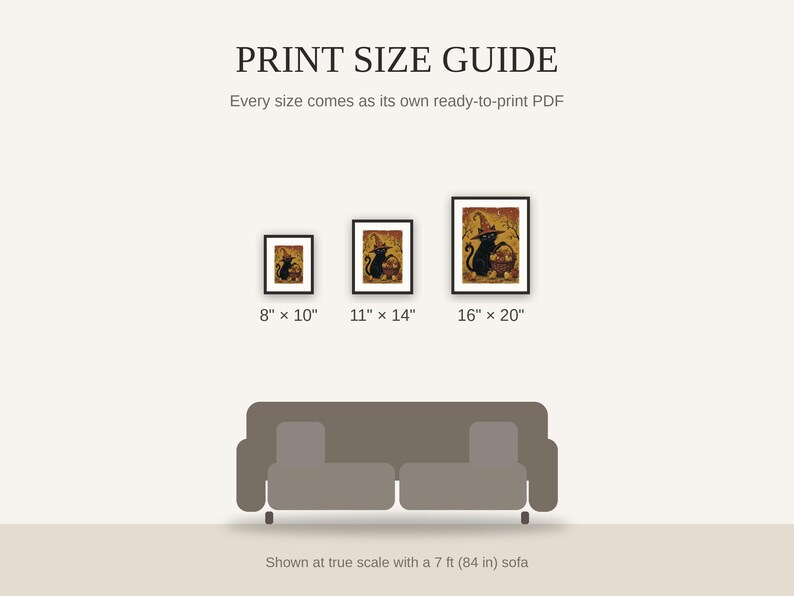 Print size guide showing 8x10, 11x14, and 16x20 framed prints at true scale beside a sofa