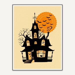 Rounded haunted house silhouette with orange moon