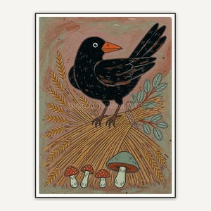 Folk style crow on wheat bundle with mushrooms in sage and rust