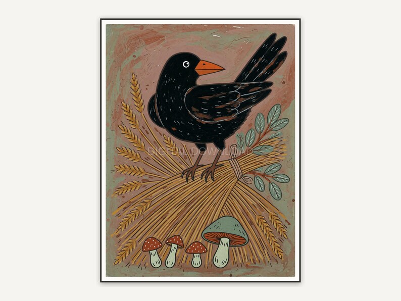 Folk style crow on wheat bundle with mushrooms in sage and rust