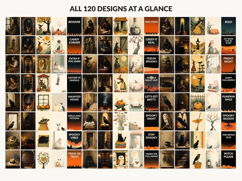 All 120 Halloween printable designs in the bundle shown together on one contact sheet