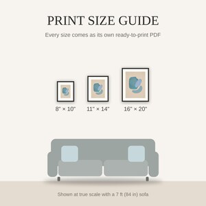 Print size guide showing 8x10, 11x14, and 16x20 framed prints at true scale beside a sofa