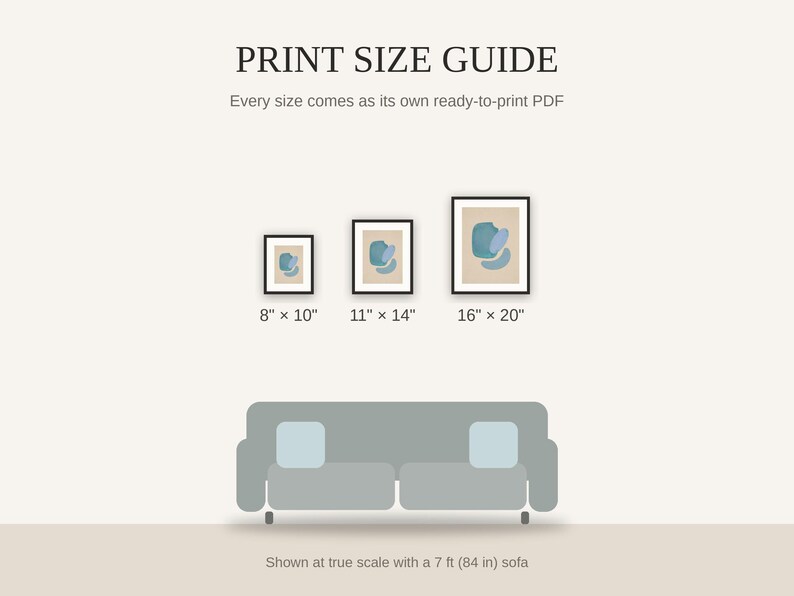 Print size guide showing 8x10, 11x14, and 16x20 framed prints at true scale beside a sofa