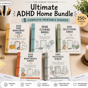 May include: Five printable binders titled ADHD Home Management, Cleaning, Decluttering, Home Maintenance, and Household. Each binder features a colored spine, a white cover with black text, and line-art illustrations of household items.