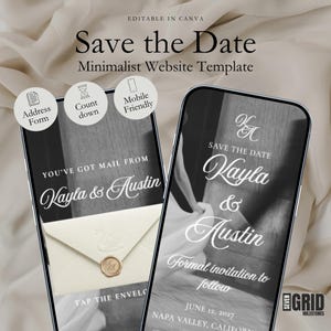 May include: Two smartphones displaying a Save the Date website template with text reading You've Got Mail From Kayla & Austin, featuring an address form, countdown, and mobile-friendly design. The screens show wedding details for June 12, 2027.