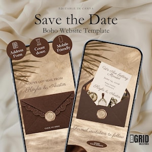 Könnte beinhalten: Zwei Smartphones zeigen eine digitale Save the Date Website-Vorlage in Beige- und Brauntönen. Die Bildschirme zeigen einen Umschlag mit Wachssiegel sowie den Text You've Got Mail From Kayla & Austin und We Are Getting Married June 14, 2028.