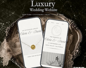 Plantilla de sitio web de boda con textura de lujo / Sitio web de boda editable en Canva con confirmación de asistencia, música, cuenta regresiva, mapa y revelación de sobres.