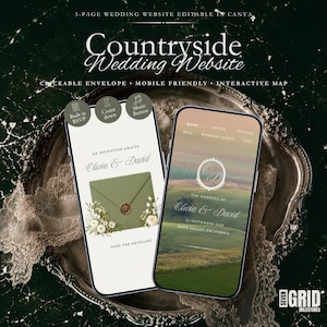 Websitesjabloon voor een bruiloft op het platteland | Rustieke trouwwebsite met RSVP, muziek, afteltimer, kaart en klikbare envelop | Bewerkbaar Canva-bestand