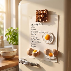 May include: A cream-coloured refrigerator door featuring a paper grocery list held by four food-themed magnets. The list includes Milk, Bread, Eggs, Butter, Avocados, Coffee Beans, Spinach Plant, Lemons, and Bagels. The magnets are shaped like an egg carton, a fried egg, and two cracked eggs.