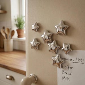 May include: A set of seven silver-toned, star-shaped magnets attached to a beige surface. The magnets have a smooth, reflective finish and varying sizes. A white piece of paper with the handwritten text Grocery List, Coffee, Bread, and Milk is attached.