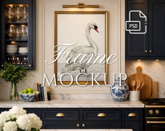 Maqueta de marco dorado elegante, proporción 3x4, marco vertical en interior de cocina azul, decoración campestre francesa, exhibición de arte de pared, archivo PSD + JPG