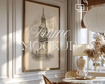 3:4 Vertical Gold Frame Mockup PSD, Elegant Wall Frame Mockup, Classic Interior Styled Stock Photo, Digital Download, editable PSD file