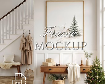 Maqueta de marco navideño con relación de aspecto 4x5, ideal para exhibir arte navideño, presentar obras de arte, crear una escena festiva de invierno y un interior realista (archivo PSD).