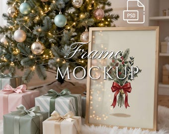 Maqueta de marco navideño con reflejo de cristal, marco vertical 3x4, interior realista, marco para decoración debajo del árbol de Navidad, archivo PSD