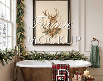 Maqueta de marco para baño de estilo rústico, marco vertical navideño de 3x4, exhibición de arte de pared navideño para bañera independiente, objeto inteligente PSD