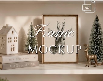 Maqueta de marco navideño, estantería vintage escandinava neutra con ciervos PSD, maqueta de arte de pared navideño acogedor Hygge, descarga digital de objeto inteligente, 3x4