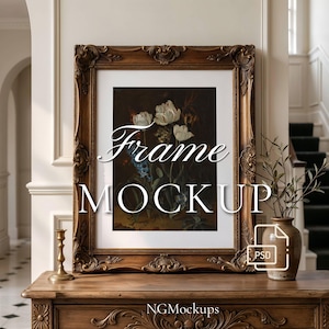 May include: An ornate, dark brown wooden picture frame with intricate carved details, containing a floral art print of white tulips. The text "Frame MOCKUP" is overlaid in white, along with a small PSD file icon and "NGMockups" at the bottom.