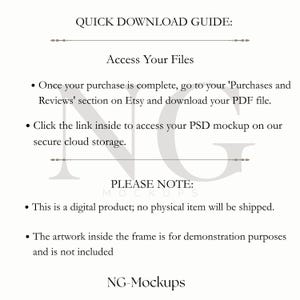May include: A digital instruction guide titled QUICK DOWNLOAD GUIDE with black text on a white background. It explains how to access PSD mockup files via Etsy, notes that it is a digital product, and states the frame artwork is not included.