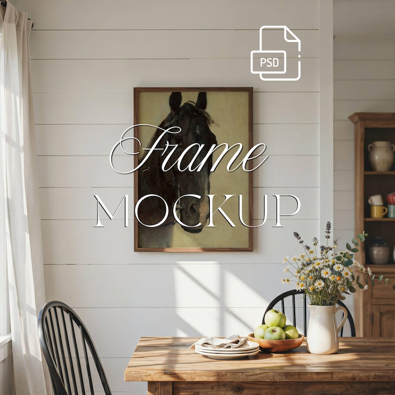 Rustic Farmhouse Frame Mockup, 3:4 Vertical Wooden Interior (PSD), realistic scene Dining Room Interior Wall Art Display, Photoshop Photopea