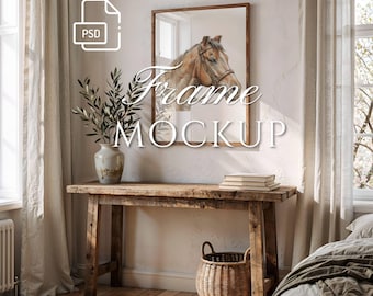 Maqueta de marco 3:4 PSD, Escena realista de interior de dormitorio, Maqueta de marco de casa de campo rústica, Arte de pared vertical PSD, Interior de estilo campestre francés