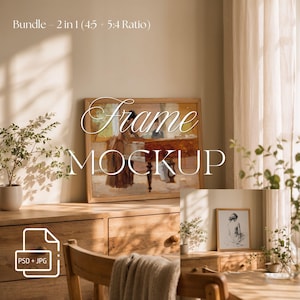 Rustik träram mockup-paket PSD | 4x5, 5x4-format | Vertikalt och horisontellt | Mall för konsttrycksaffisch | Photoshop Photopea