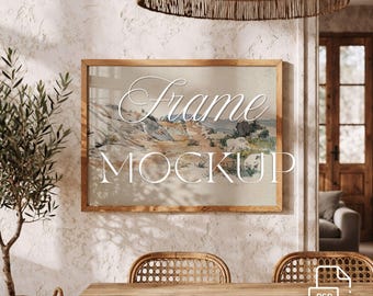 Landscape Frame PSD, 4:3 Wall Art Mockup, boho dining room interior Art Print Mockup, Editable Photoshop Template