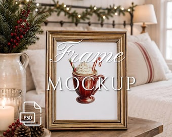 Maqueta de marco navideño, marco vertical dorado ornamentado PSD, maqueta de arte de pared para dormitorio acogedor de estilo rústico navideño, objeto inteligente festivo, proporción 3x4
