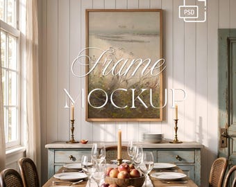 Vertical frame 2x3 ratio, French style interior mockup, wood frame PSD, frame on the wall in classic farmhouse decor photoshop template