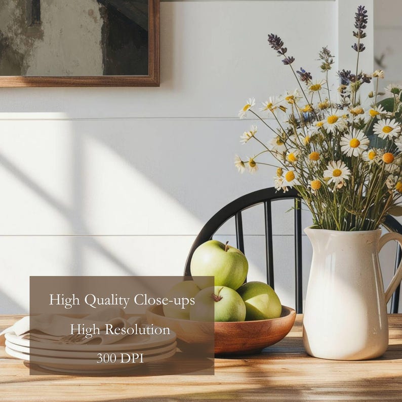 May include: A white ceramic pitcher filled with a bouquet of white daisies and purple lavender, placed next to a wooden bowl containing three green apples and a stack of white plates on a wooden table, with text reading High Quality Close-ups.