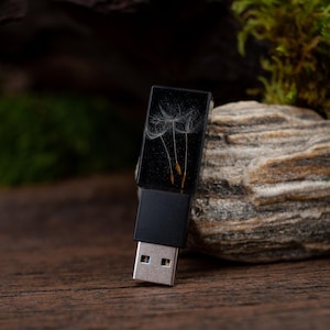 Chiavetta USB premium in resina nera con vero dente di leone / Incisione personalizzata gratuita / Chiavetta USB unica per fotografi / Realizzata a mano da 8 a 128 GB