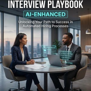 May include: The 2026 Resume & Interview Playbook: AI-Enhanced Unlocking Your Path to Success in Automated Hiring Processes. A digital guide cover featuring two professionals at a table with a laptop displaying holographic data and text overlays.