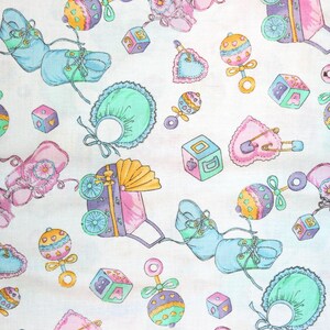 May include: A white fabric with a repeating pattern of baby-themed illustrations. The illustrations include baby shoes, rattles, bibs, and carriages. The colors are pastel pink, blue, green, and yellow.