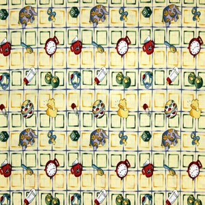 May include: A yellow and green fabric with a repeating pattern of baby-related items. The pattern includes a rattle, a bottle, a pacifier, a toy duck, a block, a clock, a toothbrush, and a baby elephant.